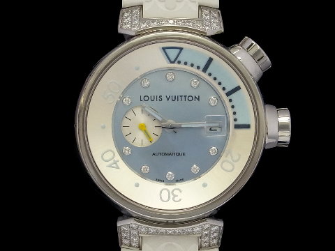 Louis Vuitton 路易威登 LV Tambour Q1330 原厂镶钻 蓝色珍珠贝母面盘 潜水表 女表