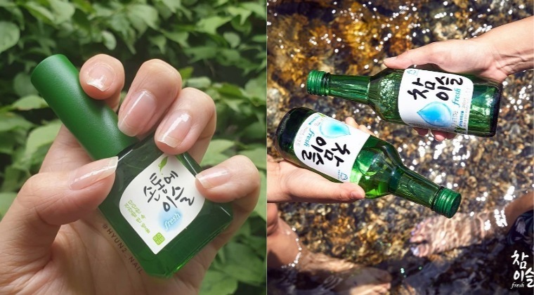 爱酒成痴!韩国推“真露烧酒护甲油”,绿色瓶身X白色标签相似度超高让人想直接开喝