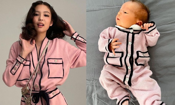 性感Jennie辣穿香奈儿粉红睡袍 Chiara女儿也有一件?